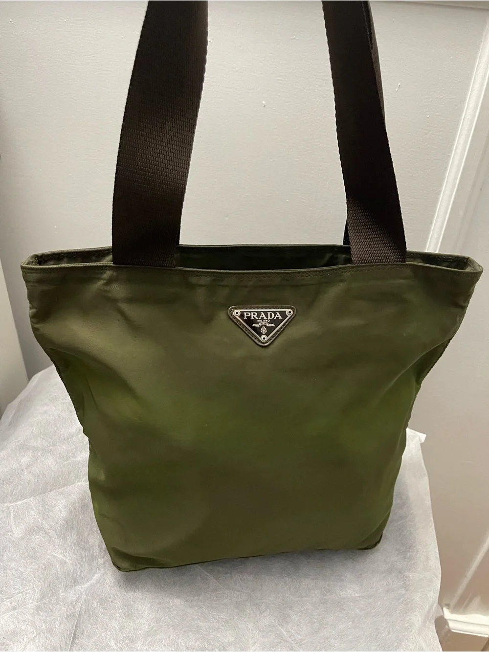 Prada Olive Nylon Tote with Dark Brown Straps - Picture 2 of 6
